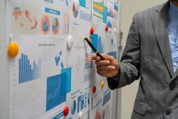 A male businessman explains graphs on a board during a meeting. He discusses marketing and finance